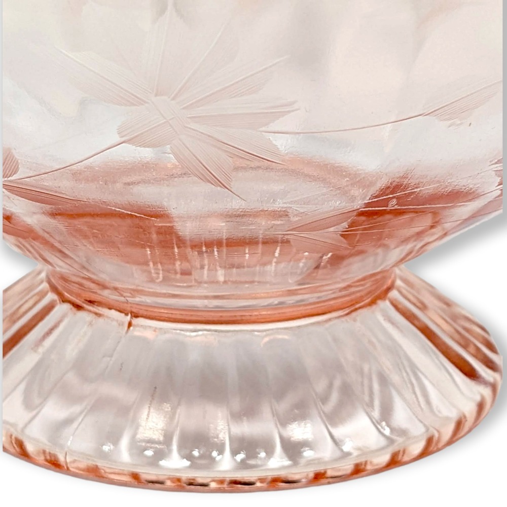 Pink Depression Glass Bowl Scalloped Top Compote Floral Etched Pedestal - Picture 5 of 8